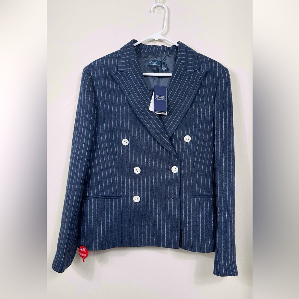 Polo Ralph Lauren Pinstripe Double Breasted Blazer Suit Career Work Linen Sz 6